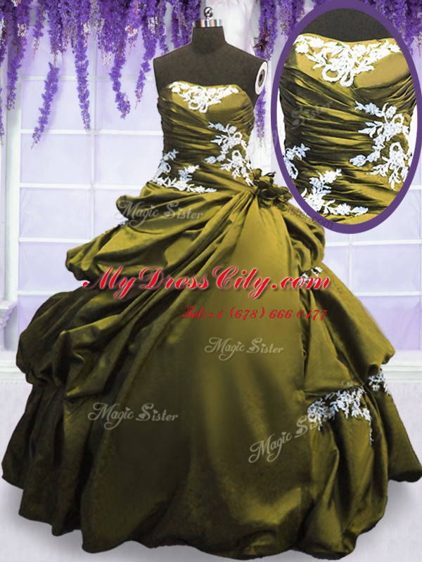 Olive Green Taffeta Lace Up Strapless Sleeveless Floor Length Ball Gown Prom Dress Appliques and Pick Ups