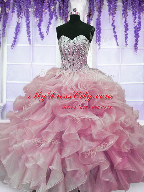 Organza Sweetheart Sleeveless Lace Up Beading and Ruffles Quinceanera Gowns in Rose Pink