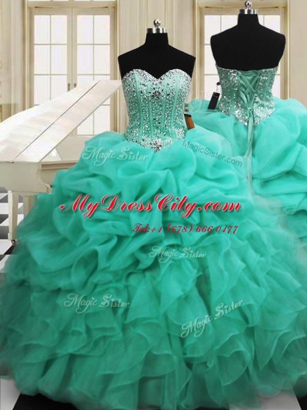 Graceful Apple Green Lace Up Sweetheart Beading and Pick Ups 15 Quinceanera Dress Organza Sleeveless