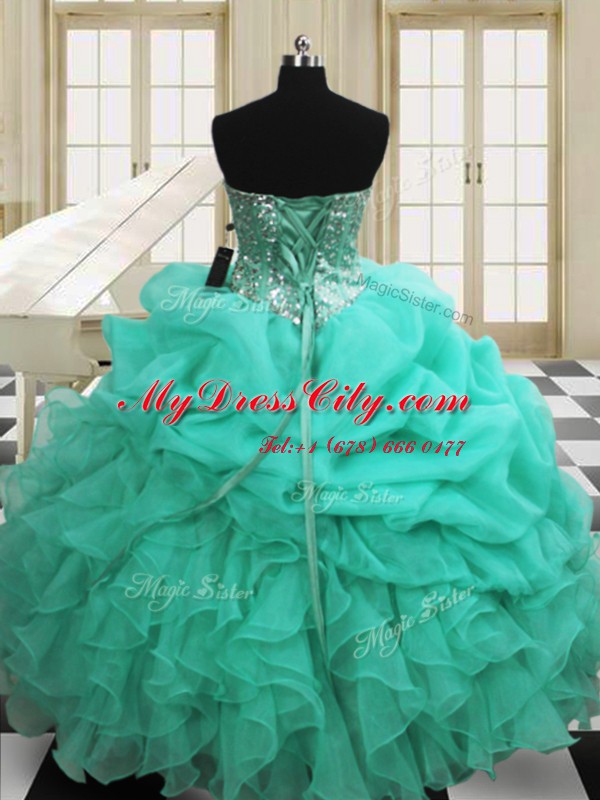 Graceful Apple Green Lace Up Sweetheart Beading and Pick Ups 15 Quinceanera Dress Organza Sleeveless