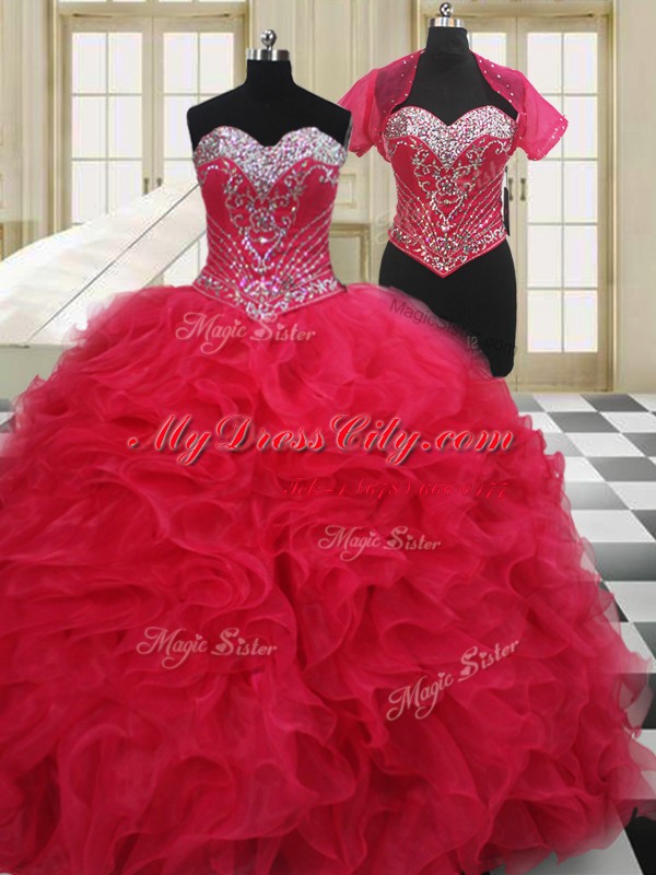Classical Floor Length Lace Up 15 Quinceanera Dress Red for Military Ball and Sweet 16 and Quinceanera with Beading
