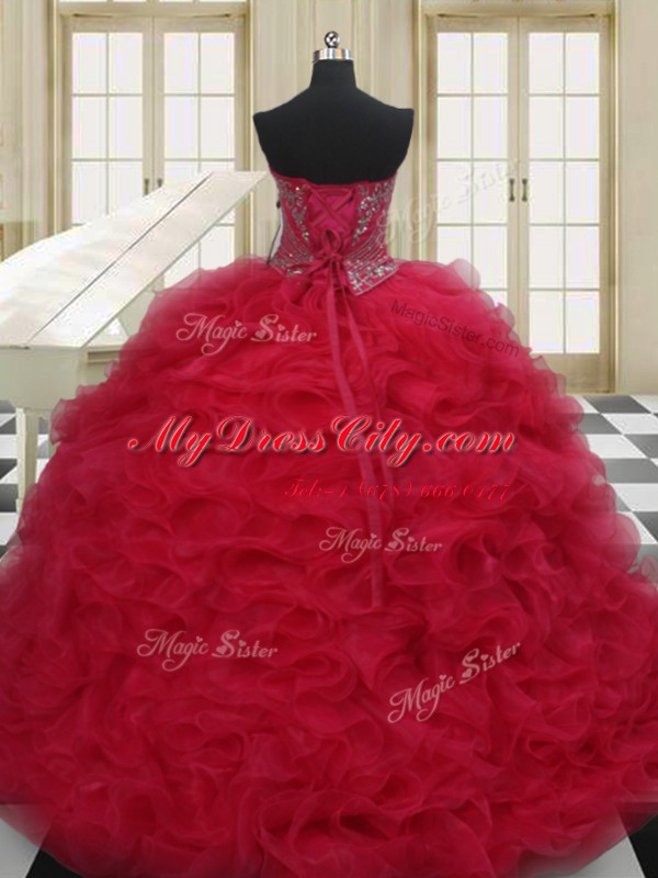Classical Floor Length Lace Up 15 Quinceanera Dress Red for Military Ball and Sweet 16 and Quinceanera with Beading