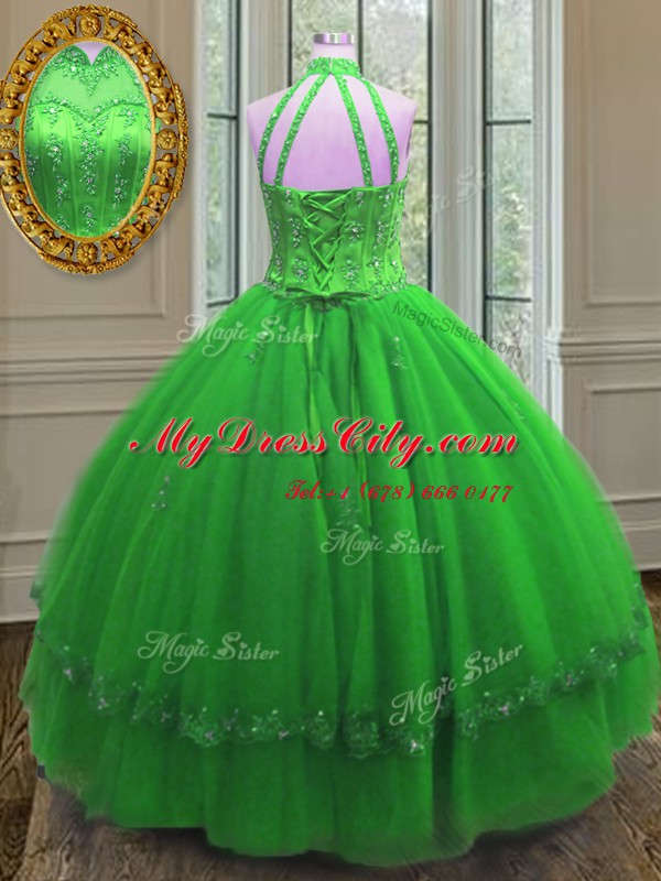 Graceful High-neck Sleeveless Tulle Sweet 16 Quinceanera Dress Beading and Appliques Lace Up