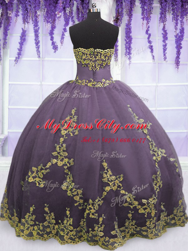 Glittering Tulle Strapless Sleeveless Zipper Appliques Quinceanera Dresses in Lavender