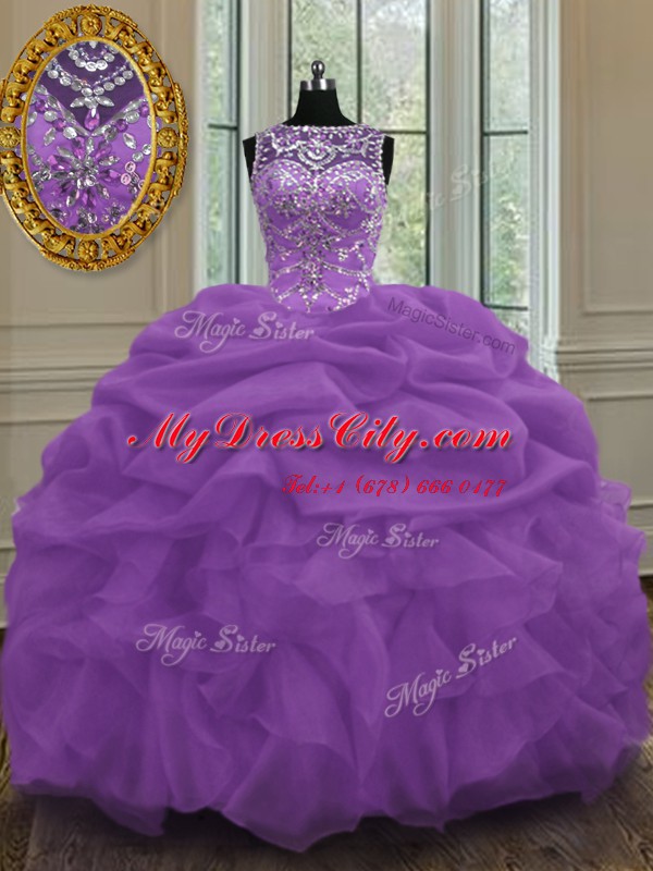 Great Purple Lace Up Scoop Beading and Pick Ups Sweet 16 Dress Organza Sleeveless