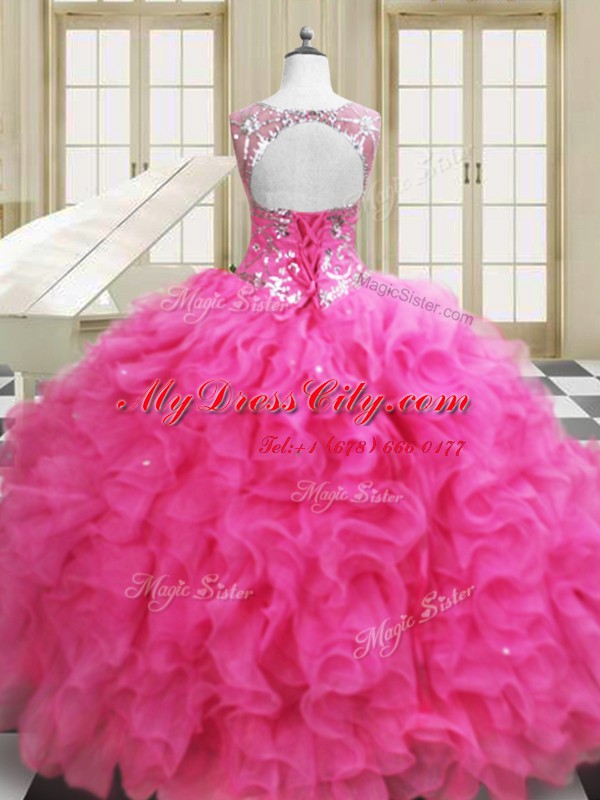 Artistic Ball Gowns Sweet 16 Quinceanera Dress Hot Pink Scoop Organza Sleeveless Floor Length Lace Up