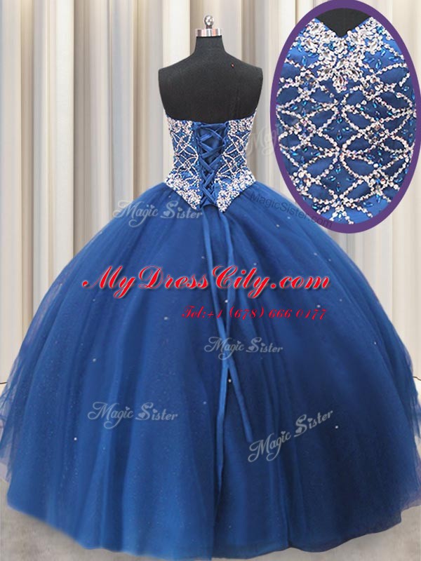 Elegant Three Piece Sequins Blue Sleeveless Tulle Lace Up 15 Quinceanera Dress for Military Ball and Sweet 16 and Quinceanera