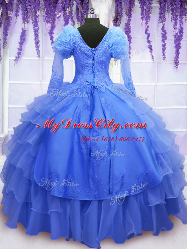 One Shoulder Floor Length Blue Sweet 16 Dresses Organza Long Sleeves Beading and Embroidery and Hand Made Flower