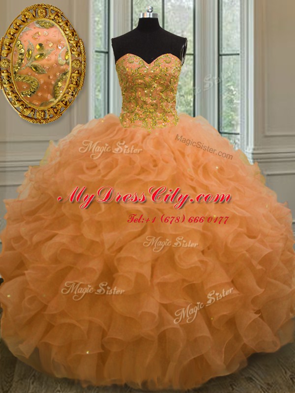 Inexpensive Orange Organza Lace Up Sweet 16 Quinceanera Dress Sleeveless Floor Length Beading and Ruffles