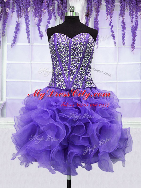 Four Piece Lavender Ball Gowns Embroidery and Ruffles and Ruffled Layers and Sashes ribbons 15th Birthday Dress Lace Up Organza Sleeveless Floor Length