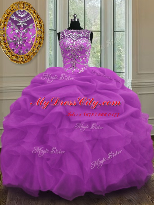 Glittering Scoop Lilac Sleeveless Floor Length Beading and Pick Ups Lace Up Sweet 16 Dress