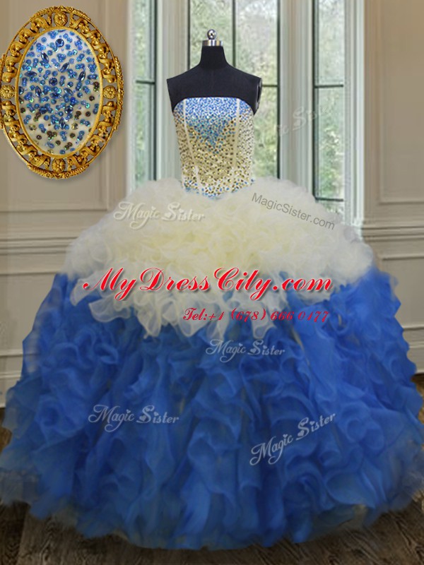 Graceful Beading and Ruffles Quinceanera Gowns Blue And White Lace Up Sleeveless Floor Length