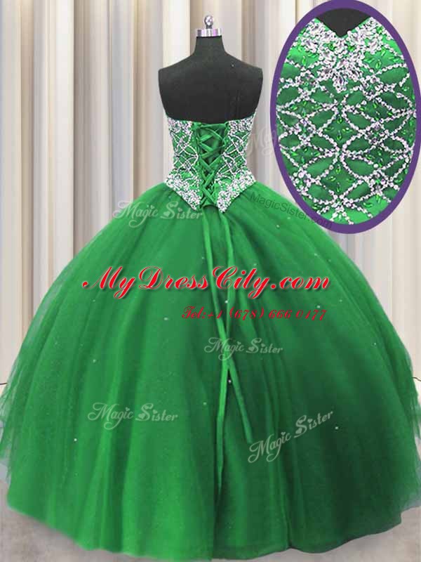 Green Sweetheart Lace Up Beading Sweet 16 Dress Sleeveless