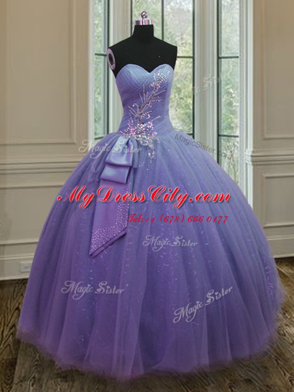 Gorgeous Beading and Ruching and Bowknot Quinceanera Dress Lavender Lace Up Sleeveless Floor Length