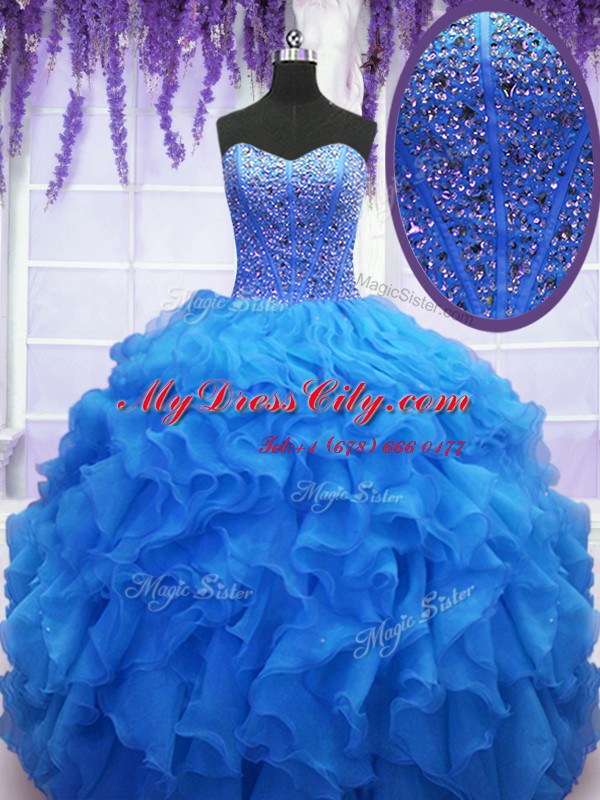Glorious Sweetheart Sleeveless Lace Up Sweet 16 Dress Royal Blue Organza