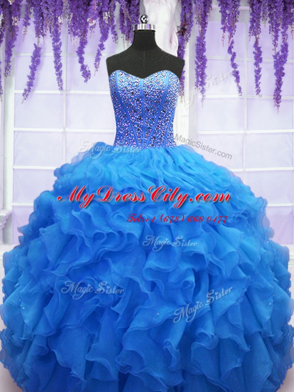 Glorious Sweetheart Sleeveless Lace Up Sweet 16 Dress Royal Blue Organza