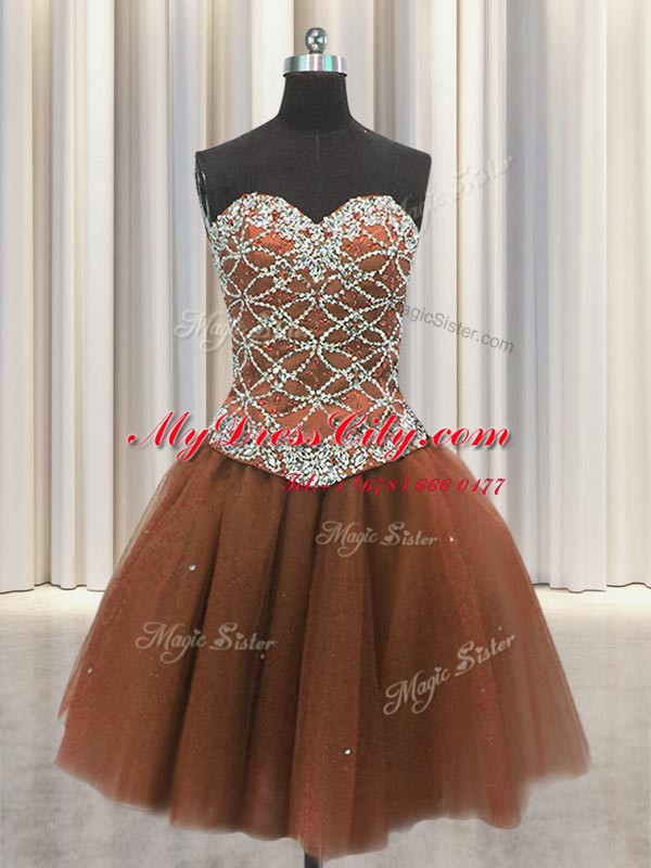 Luxurious Three Piece Brown Tulle Lace Up Sweetheart Sleeveless Floor Length Sweet 16 Quinceanera Dress Beading and Sequins