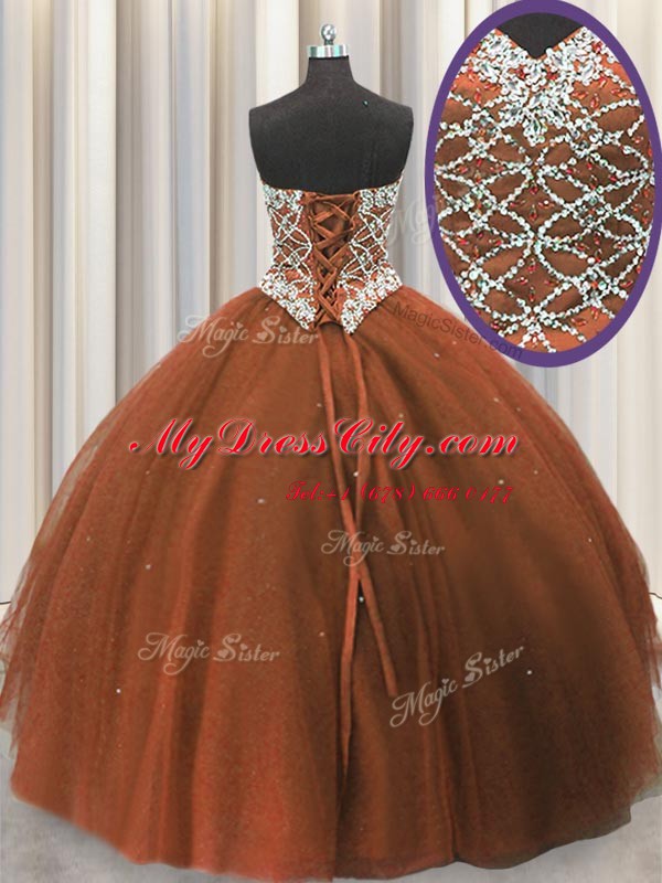 Luxurious Three Piece Brown Tulle Lace Up Sweetheart Sleeveless Floor Length Sweet 16 Quinceanera Dress Beading and Sequins