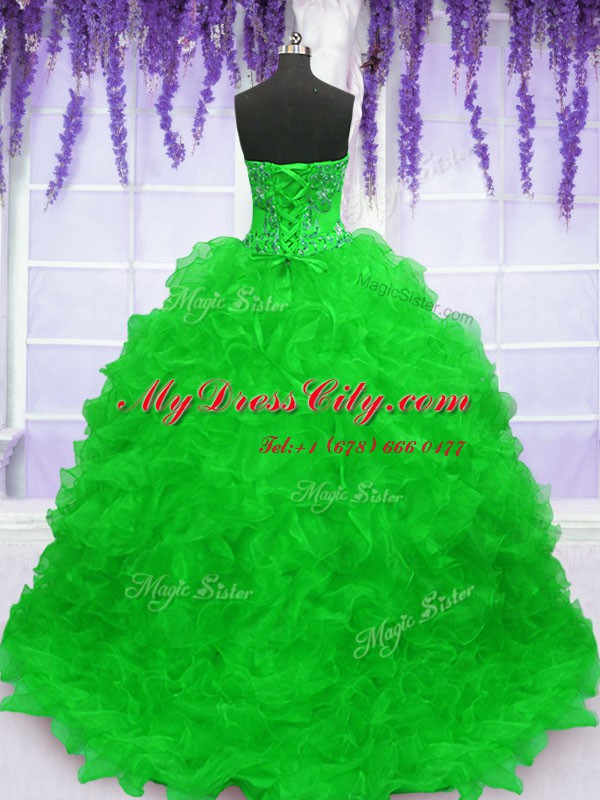 Chic Strapless Lace Up Beading and Appliques and Ruffles Sweet 16 Quinceanera Dress Brush Train Sleeveless