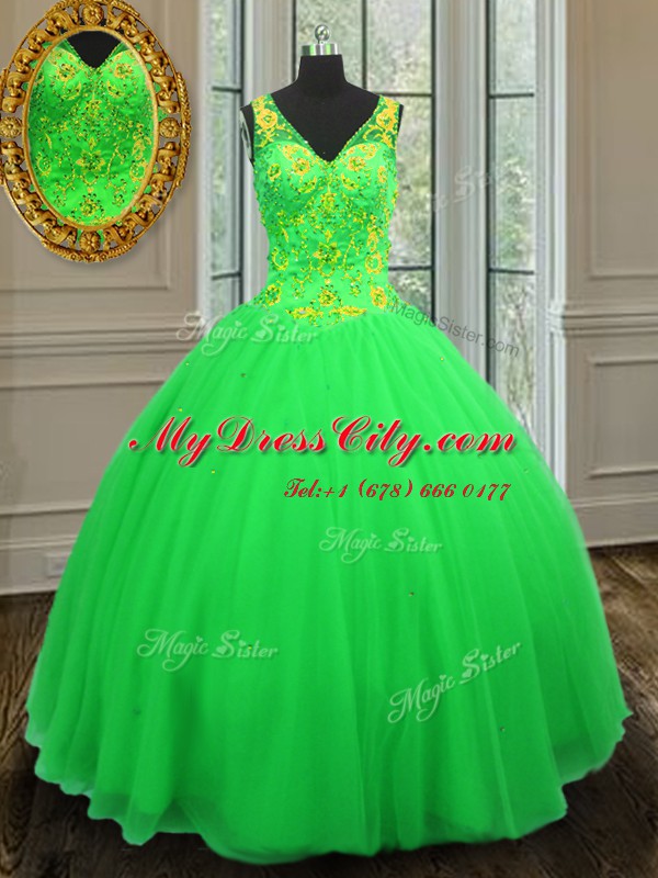 Glorious V-neck Sleeveless Zipper Ball Gown Prom Dress Green Tulle