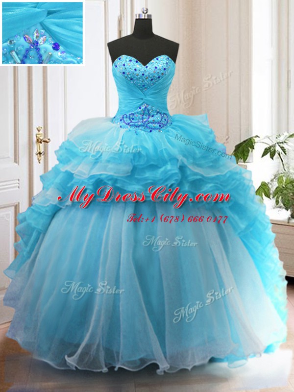 Fabulous Ruffled Baby Blue Quinceanera Gowns Sweetheart Sleeveless Sweep Train Lace Up