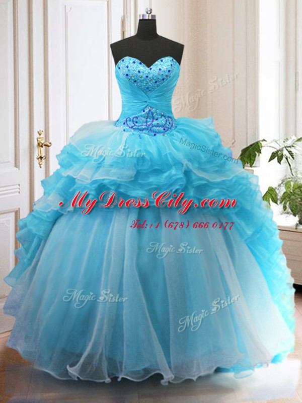 Fabulous Ruffled Baby Blue Quinceanera Gowns Sweetheart Sleeveless Sweep Train Lace Up