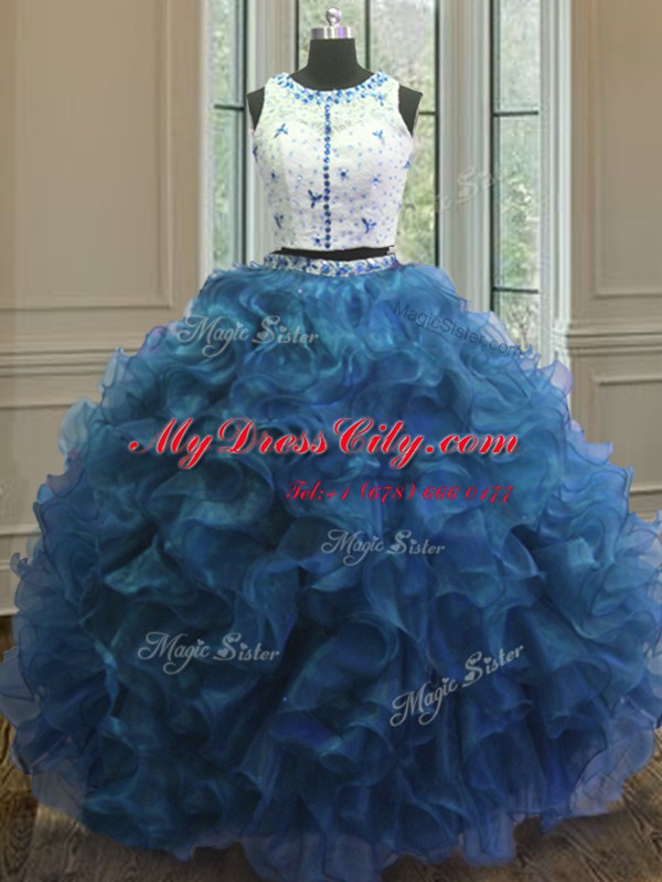 Admirable Scoop Blue Sleeveless Organza Clasp Handle 15 Quinceanera Dress for Military Ball and Sweet 16 and Quinceanera