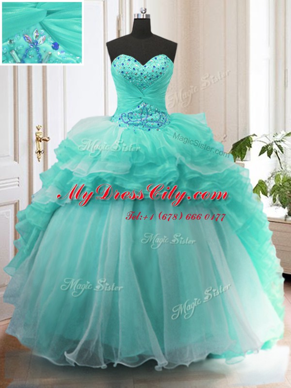 Turquoise Sweetheart Lace Up Beading and Ruffles Quinceanera Dresses Sweep Train Sleeveless