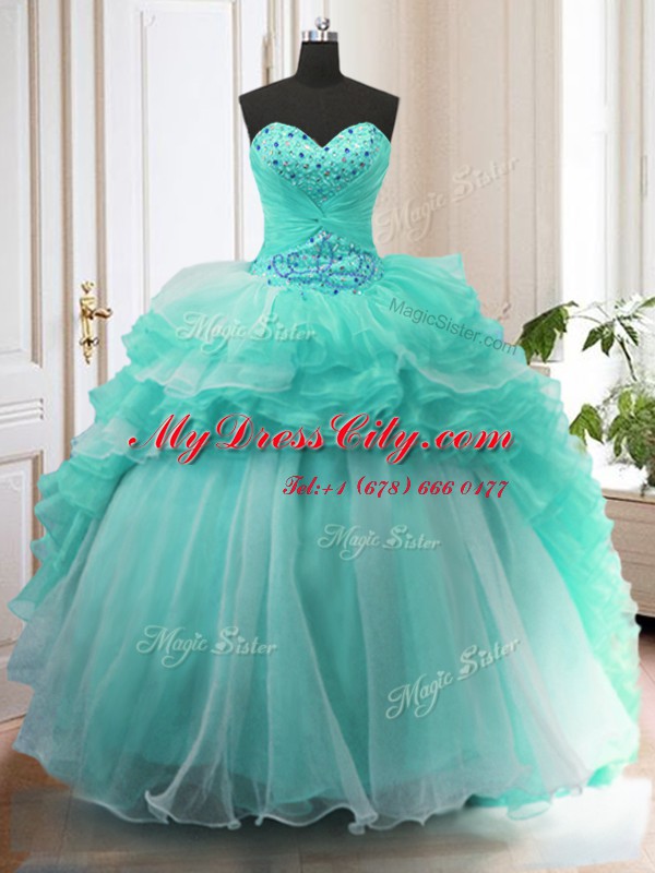 Turquoise Sweetheart Lace Up Beading and Ruffles Quinceanera Dresses Sweep Train Sleeveless