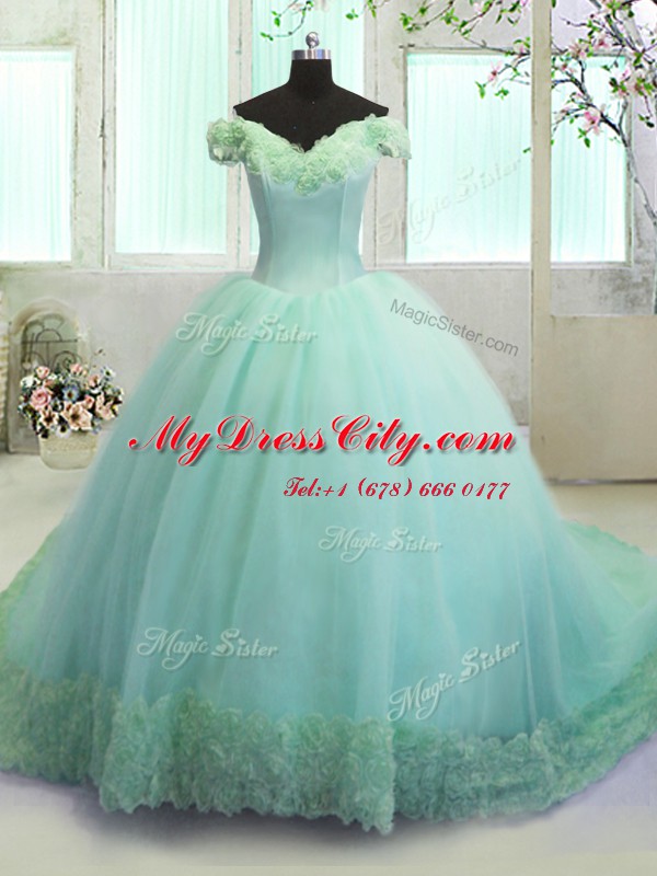 Off the Shoulder Sleeveless Organza With Train Court Train Lace Up 15th Birthday Dress in Turquoise with Hand Made Flower