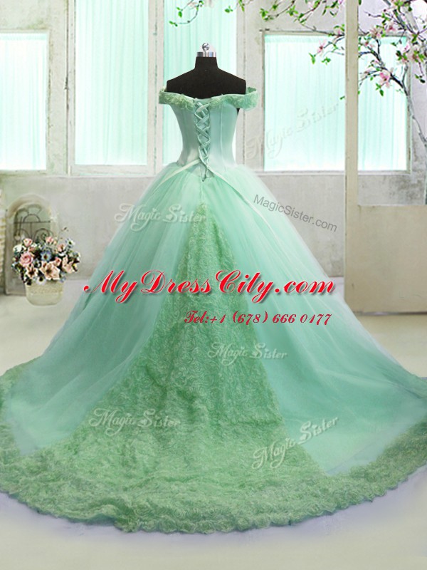 Off the Shoulder Sleeveless Organza With Train Court Train Lace Up 15th Birthday Dress in Turquoise with Hand Made Flower