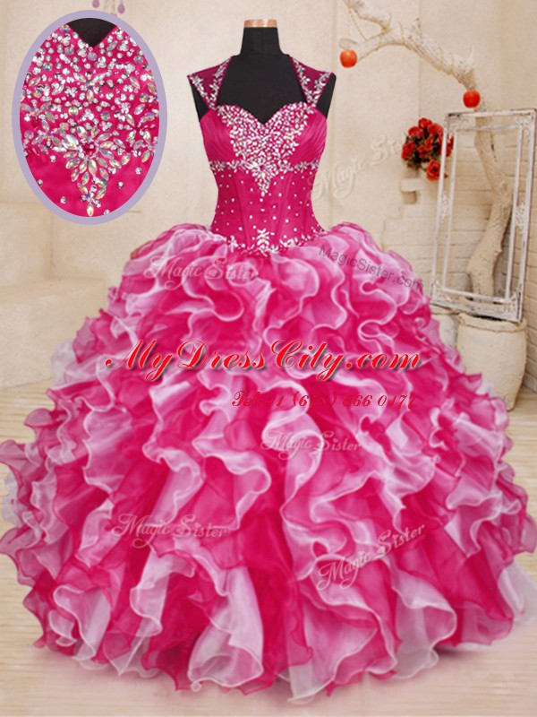 Discount White And Red Organza Lace Up Sweet 16 Quinceanera Dress Sleeveless Floor Length Beading and Ruffles