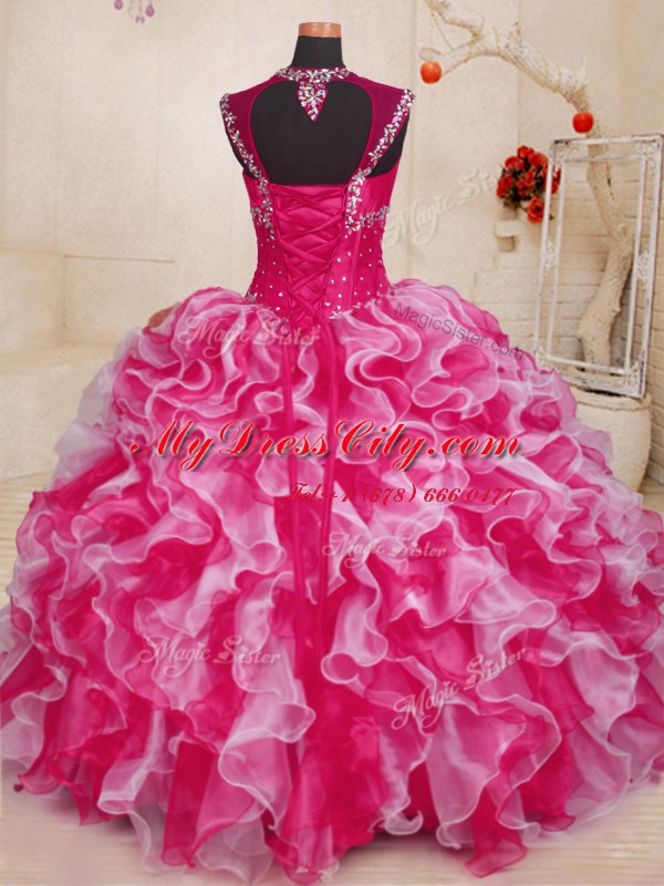 Discount White And Red Organza Lace Up Sweet 16 Quinceanera Dress Sleeveless Floor Length Beading and Ruffles