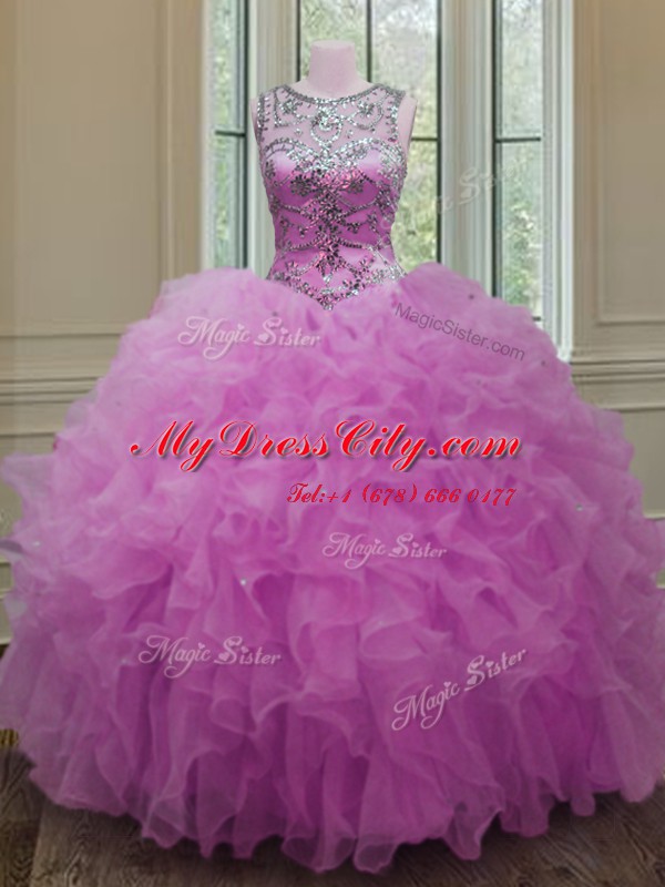 Organza Scoop Sleeveless Lace Up Beading and Ruffles Sweet 16 Dresses in Fuchsia