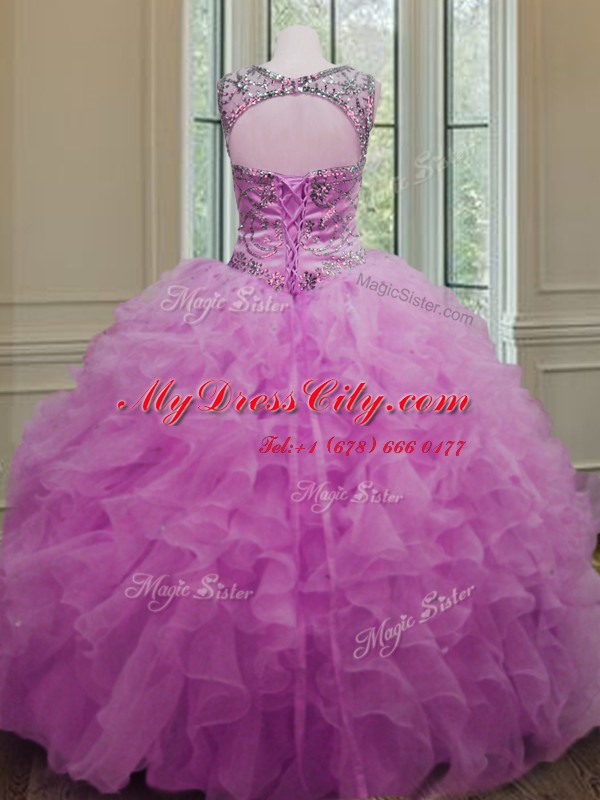 Organza Scoop Sleeveless Lace Up Beading and Ruffles Sweet 16 Dresses in Fuchsia