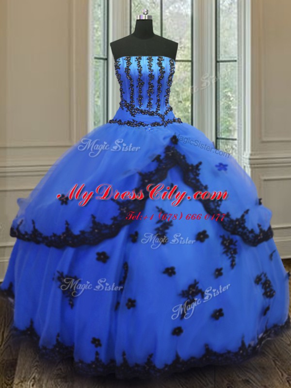 Glorious Ball Gowns Quinceanera Gowns Blue Strapless Tulle Sleeveless Floor Length Lace Up