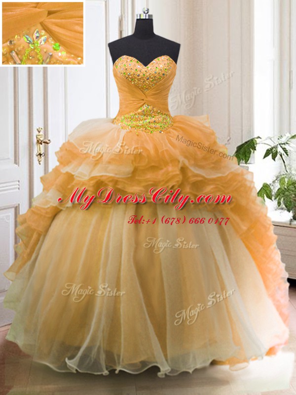 Orange Sleeveless With Train Beading and Ruffled Layers Lace Up Vestidos de Quinceanera