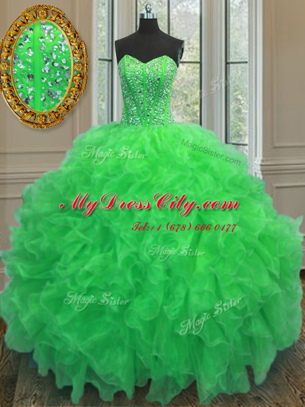 Green Ball Gowns Beading and Ruffles Sweet 16 Quinceanera Dress Lace Up Organza Sleeveless Floor Length