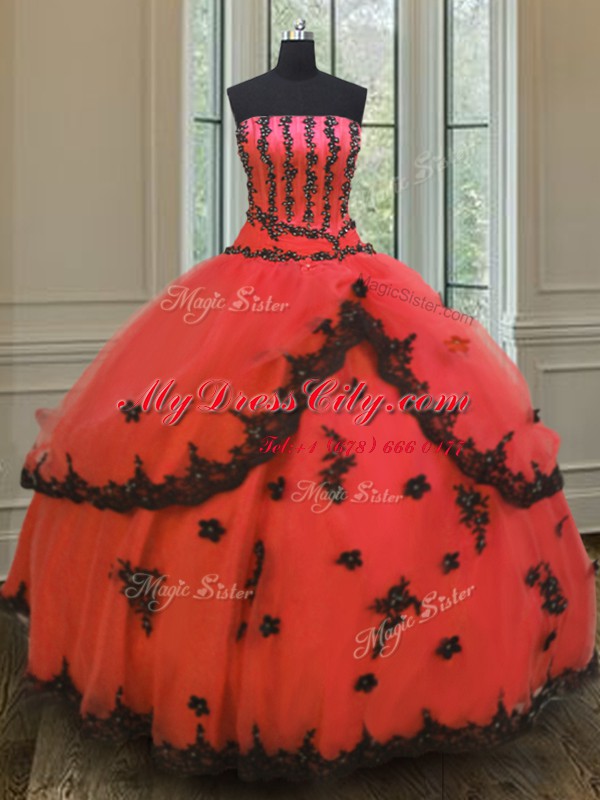 Amazing Sleeveless Floor Length Appliques Lace Up Quinceanera Gown with Red