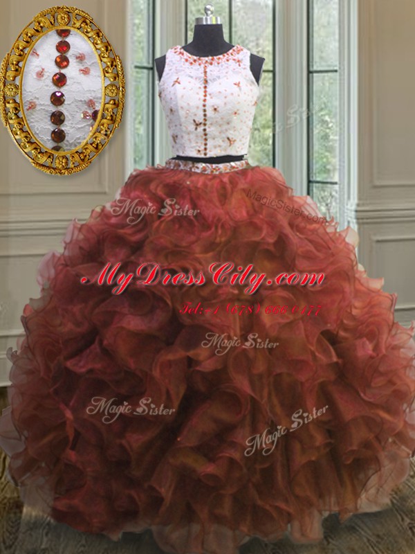Gorgeous Scoop Rust Red Ball Gowns Appliques and Ruffles Sweet 16 Dresses Clasp Handle Organza Sleeveless Floor Length