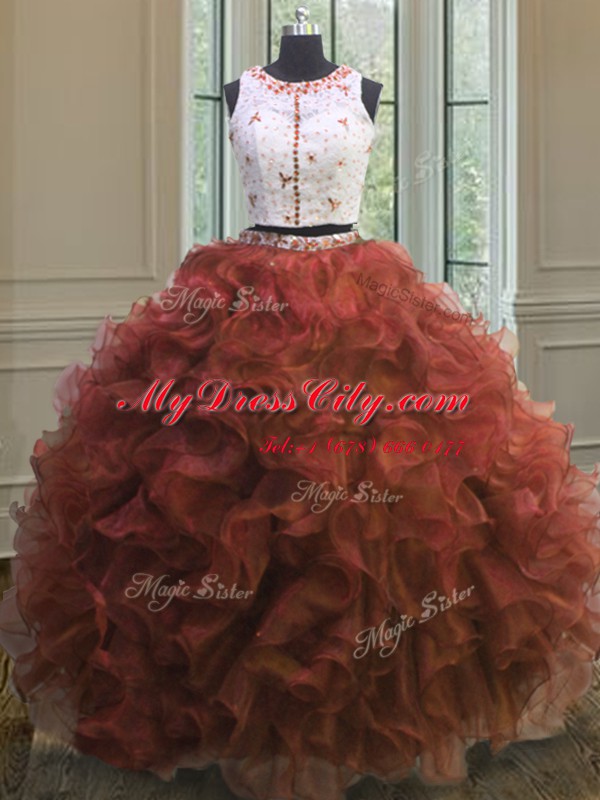 Gorgeous Scoop Rust Red Ball Gowns Appliques and Ruffles Sweet 16 Dresses Clasp Handle Organza Sleeveless Floor Length