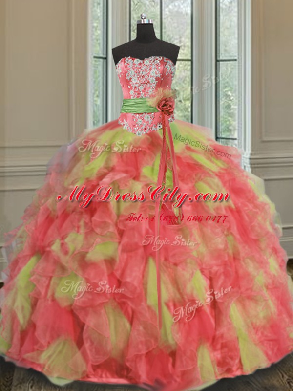 Adorable Floor Length Lace Up Sweet 16 Quinceanera Dress Multi-color for Military Ball and Sweet 16 and Quinceanera with Beading and Ruffles and Sashes ribbons
