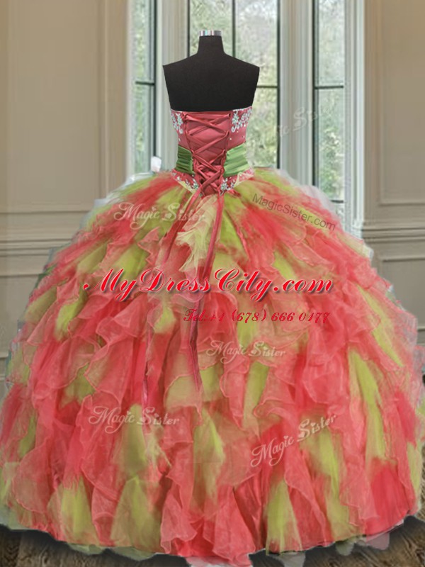 Adorable Floor Length Lace Up Sweet 16 Quinceanera Dress Multi-color for Military Ball and Sweet 16 and Quinceanera with Beading and Ruffles and Sashes ribbons