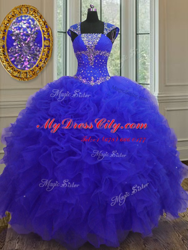 Dramatic Blue Ball Gowns Organza Straps Cap Sleeves Beading and Ruffles and Sequins High Low Lace Up Quinceanera Gown