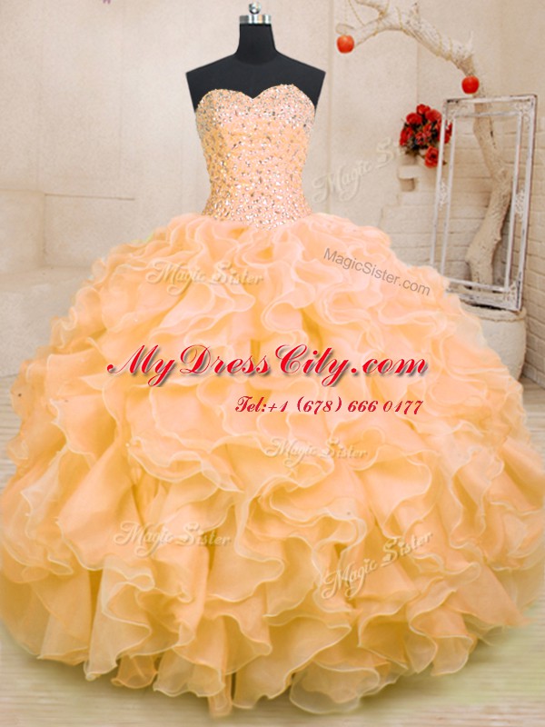 Artistic Orange Ball Gown Prom Dress Military Ball and Sweet 16 and Quinceanera and For with Beading and Ruffles Sweetheart Sleeveless Lace Up
