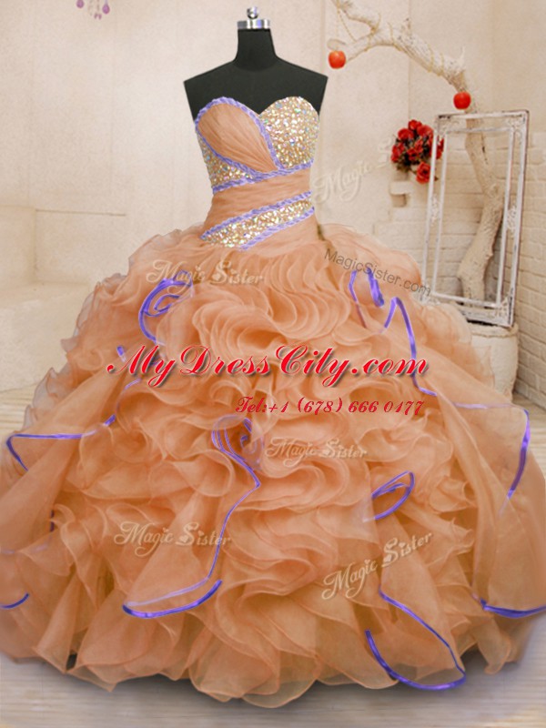 Glorious Brush Train Ball Gowns Quinceanera Gown Orange Sweetheart Organza Sleeveless With Train Lace Up