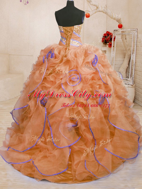 Glorious Brush Train Ball Gowns Quinceanera Gown Orange Sweetheart Organza Sleeveless With Train Lace Up