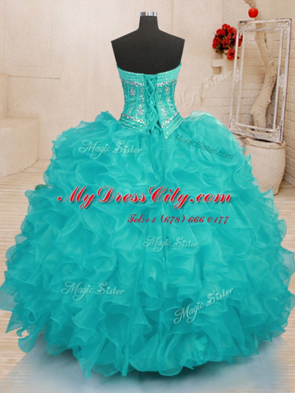 Aqua Blue Lace Up Sweetheart Beading and Ruffles Quinceanera Gown Organza Sleeveless