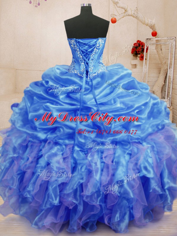 Delicate Sweetheart Sleeveless Lace Up Vestidos de Quinceanera Blue Organza