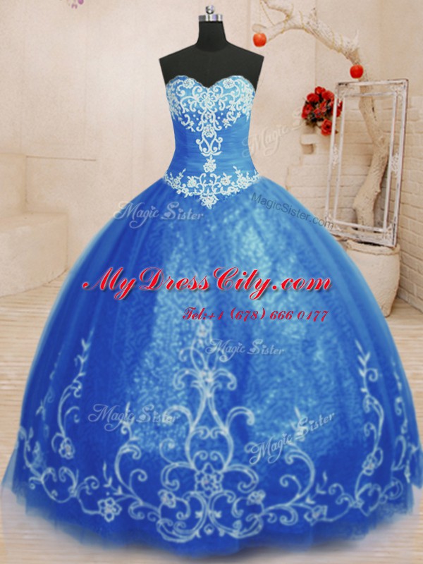 Romantic Blue Lace Up Sweetheart Beading and Appliques Ball Gown Prom Dress Tulle Sleeveless
